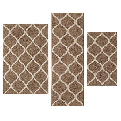 Maples Rugs Kitchen Rug Set - Rebecca [3pc Set] Non Kid Accent Throw Rugs Runner [Made in USA] for Entryway and Bedroom, Café Brown/White