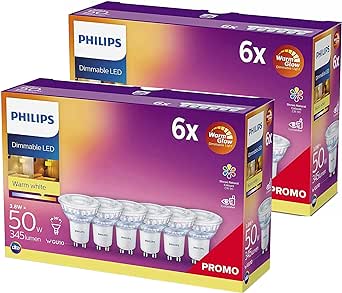 Philips Ampoules LED Classic Dimmable, Verre, [Spot GU10], 3,8 W (remplacement 50 W), 2200-2700K WarmGlow Dimmable [Plus vous tamisez, plus il fait chaud], 2 x Paquet de 6 (12 au total)