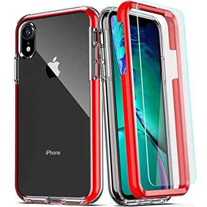COOLQO Compatible for iPhone XR Case, Clear 360 Full Body Coverage Hard PC Soft Silicone TPU 3in1 Shockproof Phone Cover [Certified Military Protective] with [2 x Tempered Glass Screen Protector]-Red