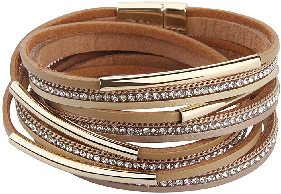 COOLLA Women Genuine Leather Bracelet Wrap Crystal Bracelet Magnet Buckle