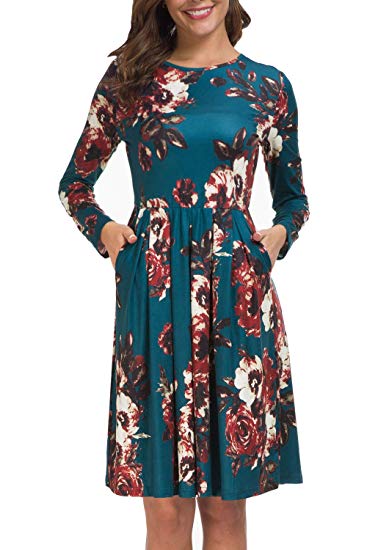 Kranda Women Short/Long Sleeve Round Neck Pleated Loose Swing Floral Midi Dress with Pockets