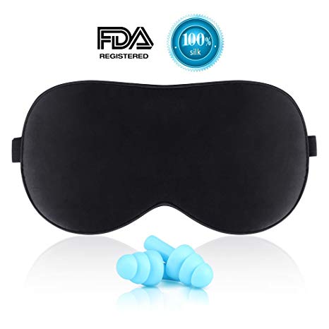 Agetp Sleep Eye Mask&Blindfold with Ear Plugs 100% Natural Silk Soft Sleeping Eyeshade Lightweight with Adjustable Strap Comfortable Breathable Contoured Travel Black