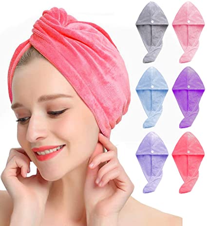 VASLON Microfiber Hair Towel Wrap, Super Absorbent Turban Twist Hair Towel Wraps Quick Drying, Hair Fast Drying Dryer Towel Bath Wrap Hat Quick Cap Turban Dry Button Bath Turban（6 pack）