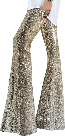 EVALESS Women Sequin Pants Sparkly Glitter High Waisted Wide Leg Flare Trousers Bell Bottom Night Out Clubwear