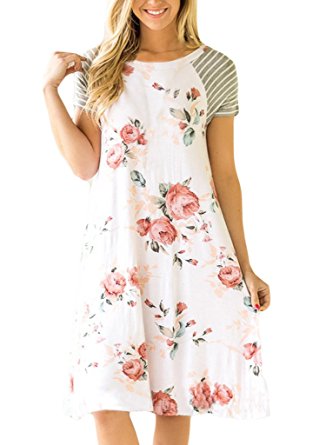 HOTAPEI Women's Floral Print Casual Short Sleeve A-line Loose T-shirt Dresses Knee Length