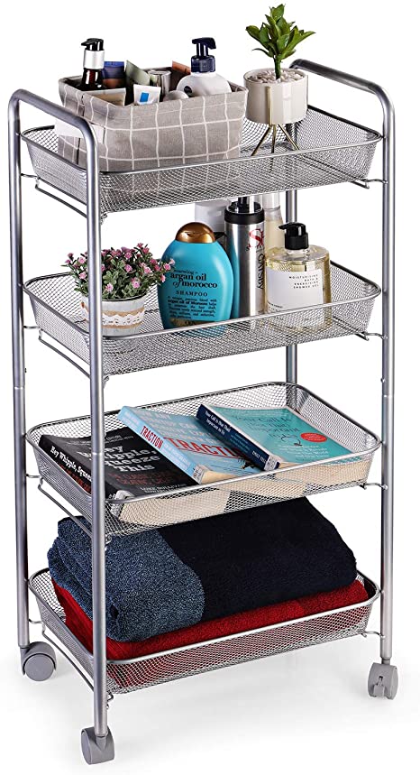 Lagute Solide 4-Tier Utility Cart with Wheels, Heavy Duty Metal Mesh Rolling Mobile Storage Organizer for Office Home Kitchen Bedroom, Silver