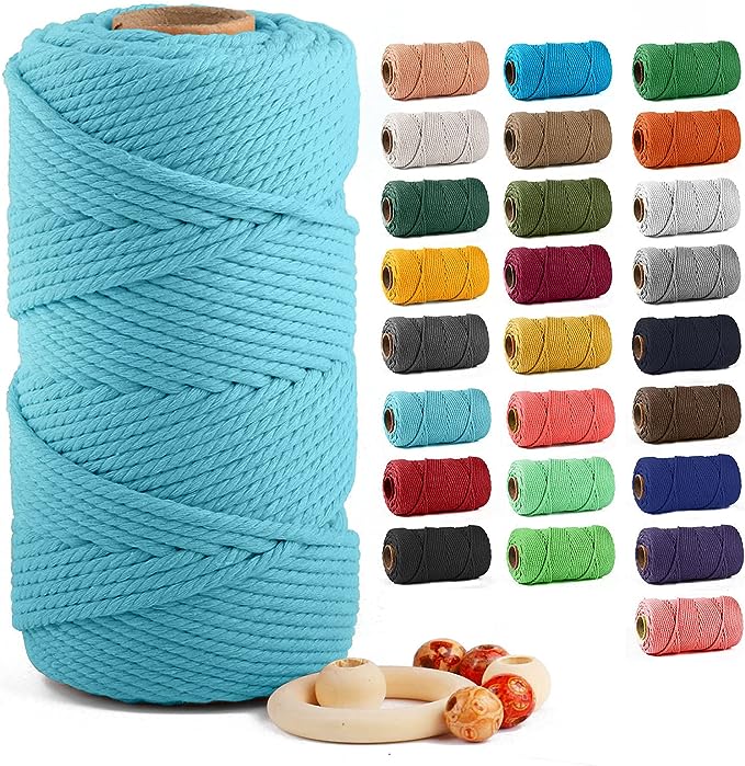 Macrame Cotton Cord 5mm x 109 Yards, ZUEXT 100% Natural Handmade Colorful 4 Strands Twisted Braided Cotton Rope for Wall Hanging Plant Hangers Gift Wrapping Tapestry DIY Crafts(5mmx100m, Light Blue)