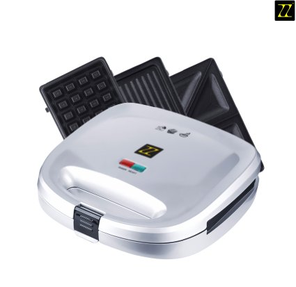 ZZ S6141B-S 3 in 1 Breakfast Sandwich and Waffle Press with 3 Sets of Detachable Non-stick Plates Silver