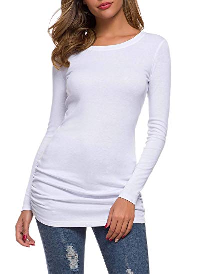 TORARY Women's Casual Long Sleeves Slim Fit Ruched Tunic T-Shirt Dress