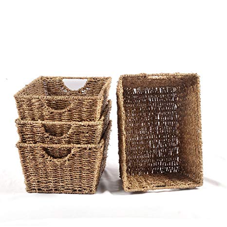 Haneye Seagrass Baskets set of 4, Woven Seagrass Storage Baskets with Insert Handles for Bathroom & Home Organization