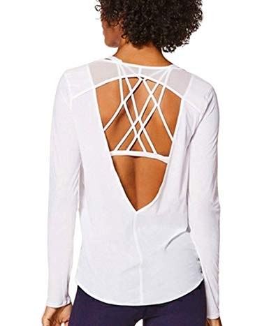Ersuely Women Long Sleeve Sexy Backless Workout Shirt with Mesh Detail Open Back Yoga Top