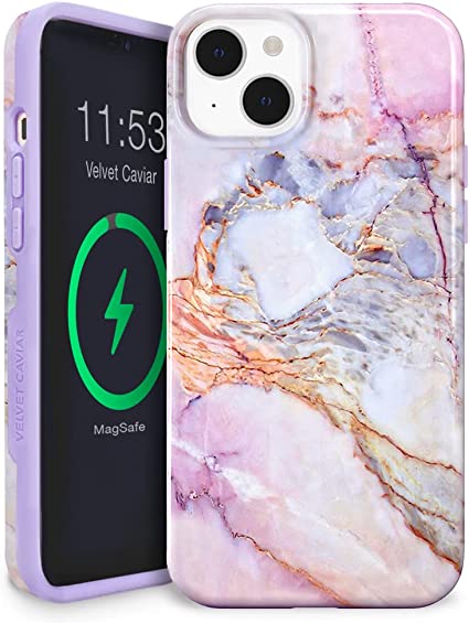 Velvet Caviar Designed for iPhone 14 Case White Marble [10ft Drop Tested] Compatible with MagSafe - Protective Microfiber Lining (Violet Sky)