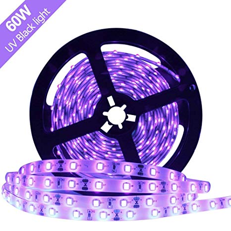 YGS-Tech Super Bright 60 Watts UV Black Light LED Strip, 16.4FT/5M 3528 300LEDs 395nm-405nm Non-Waterproof Blacklight with 12V 5A Power Supply, for Night Fishing, Black Party