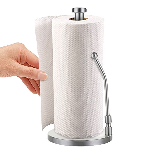 Standing Paper Towel Holder Vertical Weighted Base Adjustable Spring Loaded Arm Compact Rustproof Premium Stainless Steel for Kitchen Dining Room Organizer Interior Accessory One Handed Tear