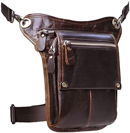 Le'aokuu Mens Genuine Leather Messenger Hiking Waist Hip Bum Pack Drop Leg Bag (Brown)