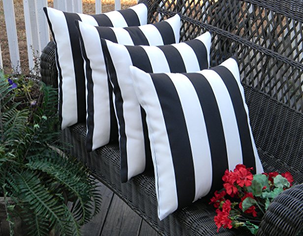 Set of 4 - Indoor / Outdoor Square Decorative Throw / Toss Pillows - Black and White Stripe Fabric - Choose Size (17" x 17")