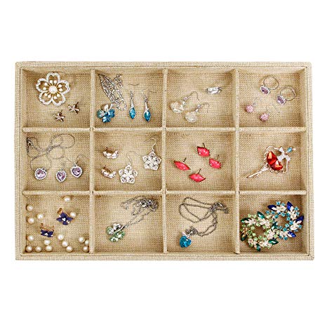 Valdler Sackcloth Stackable 12 Grid Jewelry Tray Showcase Display Organizer