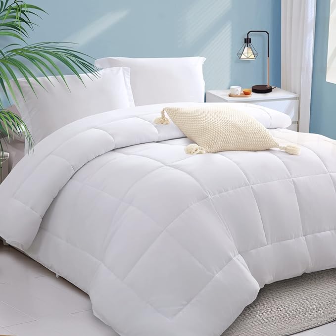 SOPAT 3Pcs King Comforter Set White All Season Warmth Soft Cozy Hypoallergenic Down Alternative Comforter with Corner Tabs Box Stitched(White, King, 102"x90")