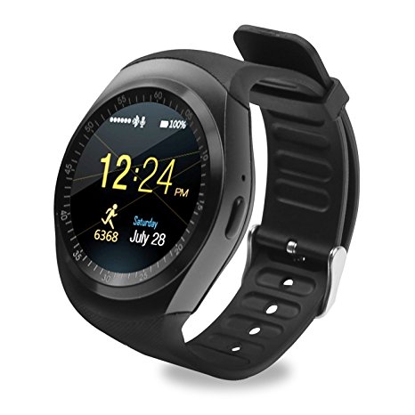 OURSPOP Bluetooth SmartWatch Phone - HD IPS Round Touch Screen Unlock Cell Phone Watch with SIM TF Card Slot SmartWatch Pedometer Sleep Monitor Remote for Android (Y1 Black)