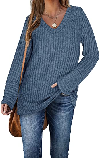 Aokosor Womens Long Sleeve Tops V Neck Jumpers Solid Color Sweatshirts