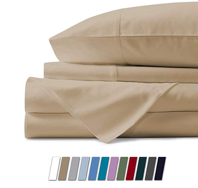 500 Thread Count 100% Cotton Sheet Sand Queen Sheets Set, 4-Piece Long-staple Combed Pure Cotton Best Sheets For Bed, Breathable, Soft & Silky Sateen Weave Fits Mattress Upto 18'' Deep Pocket
