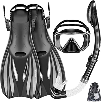 ZEEPORTE Mask Fins Snorkel Set Snorkeling Gear for Adults, Swim Goggles Panoramic View Anti-Fog Anti-Leak, Dry Top Snorkel and Dive Flippers Kit with Gear Bag, Diving Mask Snorkel Gear