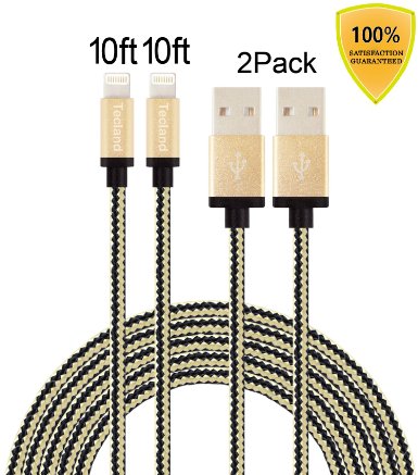 Tecland 2pack 10ft Nylon Braided lightning cords to USB Cable for iPhone 6/ 6s/ Plus /5s /5Plus/ 5, iPad Air,iPad mini, iPod touch 5th gen / 6th gen / nano 7th gen [black &gold]