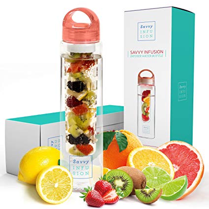 Savvy Infusion Water Bottles - 24 or 32 Ounce Fruit Infuser Bottle - Featuring Unique Leak Proof Silicone Sealed Cap with Handle - Great Gifts for Women