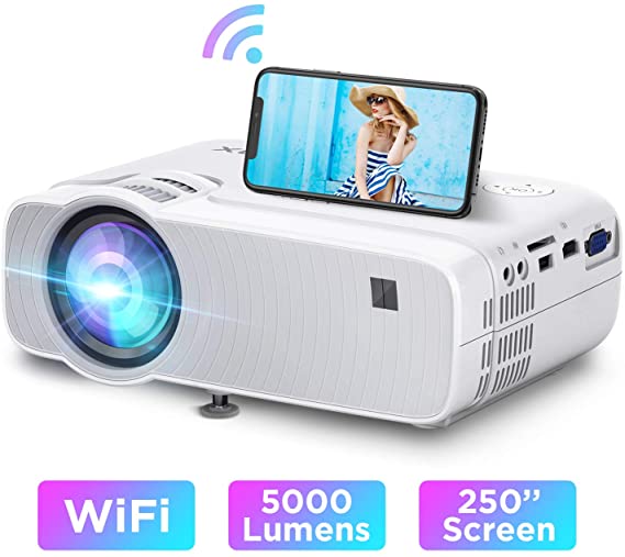 BOMKAER WiFi Mini Projector, Portable Outdoor Movie Projector, 5000Lux HDMI Projector, 1080P Supported, 250'' Display, Wireless Compatible with iPhone, Android, Windows, TV Stick, Xbox,PCs, PS4