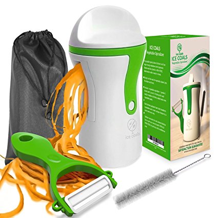 Vegetable Spiralizer - Vegetable Spiral Slicer #1 Rated Handheld Spiralizer - Vegetable Noodle Pasta Maker - Best For Zucchini Spaghetti - Perfect Gift ( Bundle Set Vegetable slicer, vegetable peeler , Brush and Lovely carrying pouch ) Spiral Vegetable Slicer, Raw Courgette Noodle maker.