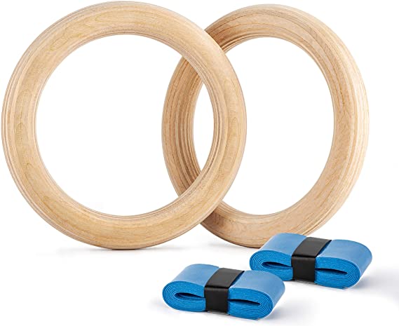 PACEARTH Wood Gymnastics Rings 1500lbs for Home Gym Body Workout, Cross Training, Muscle Ups, Non-Slip (Rings Only)