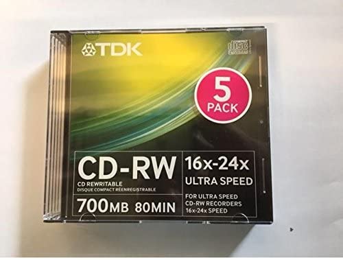 TDK CD-RW CD Rewritable 700MB 80 Min 16x-24x Ultra Speed 5 Pack Discs