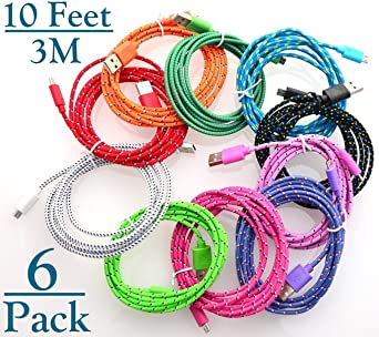 Josi Minea 6 Pcs Fabric Braided Nylon Premium Ruggedized Micro USB Rainbow Cables 10 Feet / 3 Meter Charger Sync Data Rapid Charging Cable USB Cord Wire for Samsung Galaxy S4 / S3 / S2, Samsung Galaxy Note / Note 2, Galaxy Tab, Google Nexus 7 / 10, Nokia Lumia, and Most Android Tablets / Android Phones / Windows Phones - 10Ft/3M (6 Pack)
