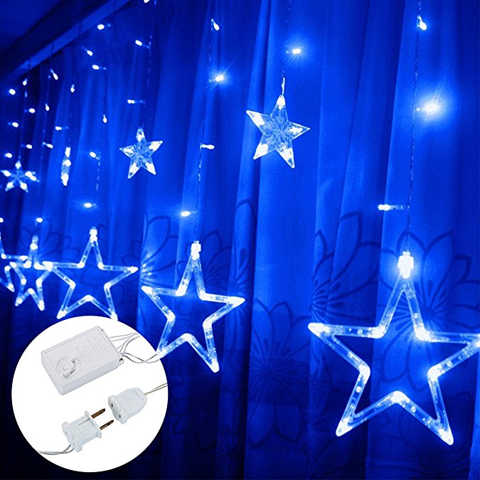 Excelvan Safe Voltage 138LEDs 6.6ft/2m LED Waterproof Star Curtain String Light, Twinkle Window Fairy Light, 8 Flashing Modes with Memory for Wedding, Christmas, Parties and Festival Decorations, Blue