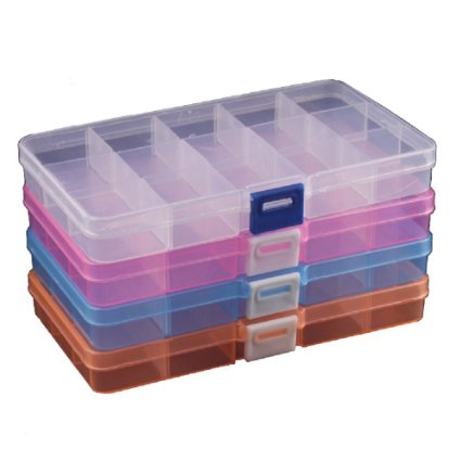 Duofire 4 Packs(4 Colors) Plastic Storage Box(15 Compartments) Jewelry Earring Tool Containers