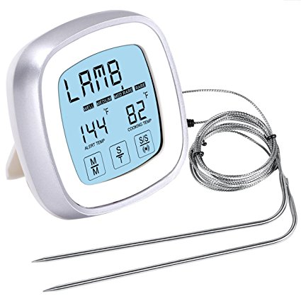 Amir Digital Meat Thermometer, (Touchscreen) 2 in 1 Kitchen Timer, Instant Reading With Oven Probe Kitchen Cooking Thermometer, for Easter, In-Oven Roasts and Meat Smoker, BBQ, Poultry (Battery Not Included) - Sliver
