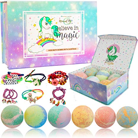 Unicorn Bath bombs for girls with jewelry inside PLUS Jewelry Box for kids. - All Natural and Organic with skin moisturizing Shea Butter. Gentle and Kid Safe Bubble Bath Fizzies with Surprise Toys.
