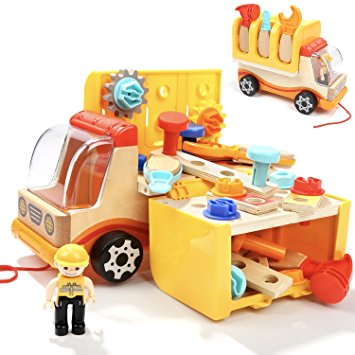 Toddler Toys Tool Set Kids STEM Workbench Workshop Truck Wooden Construction Pretend Play For Boys With Realistic Tools