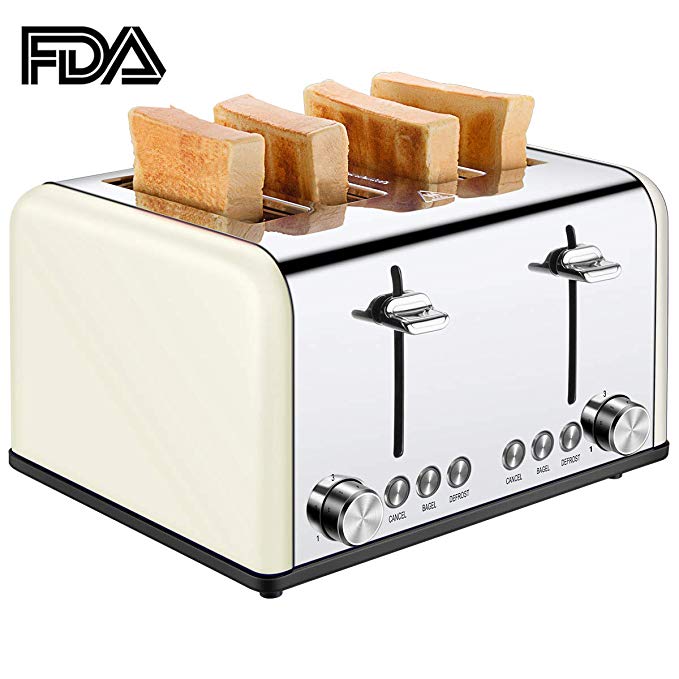 4 Slice Toaster, CUSIBOX Extra Wide Slots Toaster with BAGEL/DEFROST/CANCEL Function, Stainless Steel Four Slice Bread Bagel Toaster, 1650W, Cream