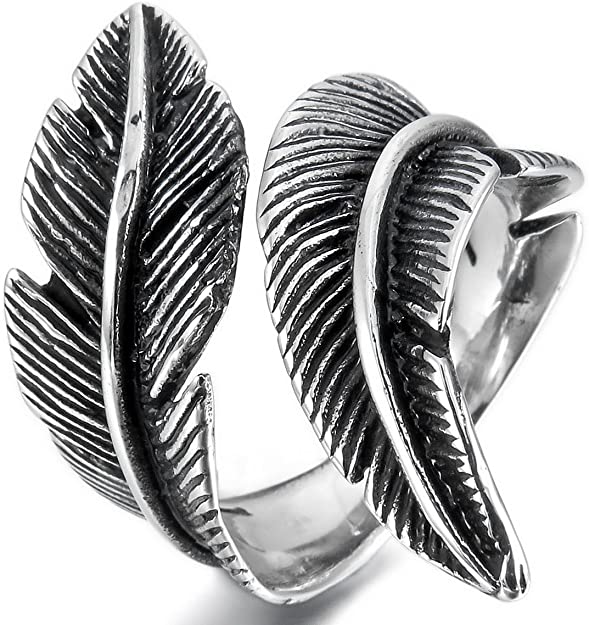 INBLUE Men,Women's Stainless Steel Ring Black Silver Tone Feather Vintage