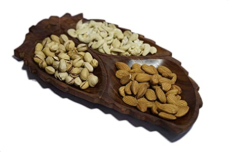 Indian crafts idea Craftwork Serving (Snacks, Dry Fruits) Home/Kitchen Handcrafted Wooden Tray/Platter (3 Compartments),Leaf Design Wooden Tray for Serving Dry Fruits & Snacks Used in Home n Kitchen,Home decor, gift item Dryfuruit tray leaf Des (3 in 1 ) 12 x 6 inches
