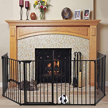 JAXPETY 6-Panel Fireplace Fence, Baby Child Safety Gate, Hearth Gate, BBQ Metal Fire Gate, Play Yard for Toddler/Pet/Dog Christmas Tree Fence w/Walk-Through Door, Black