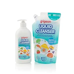 Pigeon Biodegradable Liquid Cleanser, For Baby Accessories, Fruits and Vegetables, 100% Food Grade Ingredients, Anti-Bacterial, Combo Pack of 700 ml + 650 ml Refill