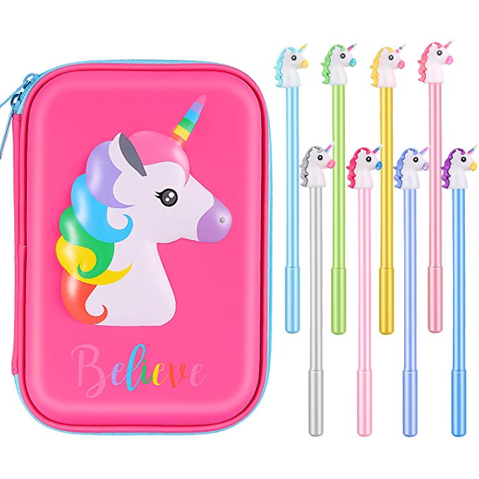 SATINIOR Pencil Case Pen Set Unicorn Pencil Box with Compartments Anti-Shock Case Box and 8 Pieces Cute Unicorn Pens for Students Kids Teens Girls (Hot Pink)