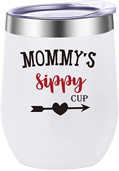 Pufuny Mommy's Sippy Cup,Fun Mom Gifts for Mother's Day from Daughters,Sons or Husband,Mom,Wife,Women Birthday Presents,Christmas Insulated Wine Tumbler,Mug 12 oz White