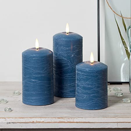 Lights4fun, Inc. Set of 3 TruGlow Navy Blue Distressed Wax Flameless LED Battery Operated Pillar Candles with Remote Control