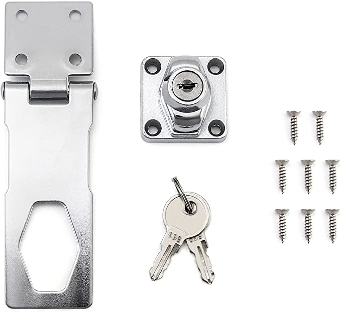 QWORK Keyed Hasp Locks, 4 Inch Twist Knob Keyed Locking Latch Safety Lock for Small Doors, Cabinets and More, Chrome Finish