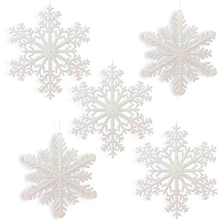 Large Snowflakes - Set of 5 White Glittered Snowflakes - Approximately 12" D -Two Asst Designs Snowflake Decorations - Snowflake Window Decor - Winter Decorations