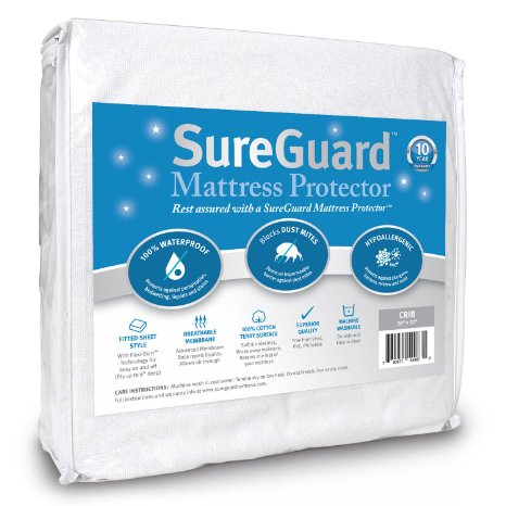 Crib Size SureGuard Mattress Protector - 100 Waterproof Hypoallergenic - Premium Fitted Cotton Terry Cover - 10 Year Warranty