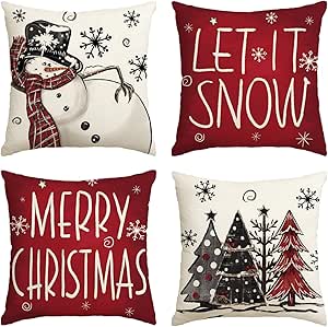 AVOIN colorlife Merry Christmas Snowman Let It Snow Throw Pillow Covers, 20 x 20 Inch Xmas Tree Winter Holiday Cushion Case Decoration for Sofa Couch Set of 4